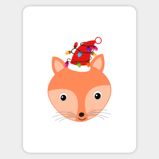 Cute fox with christmas red santa hat and light bulbs Sticker